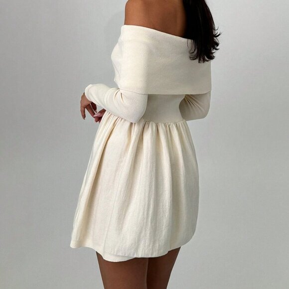 Apricot Elegant Women's Off Shoulder Long Sleeve A-Line Short Knitted Dress - Picture 2 of 5